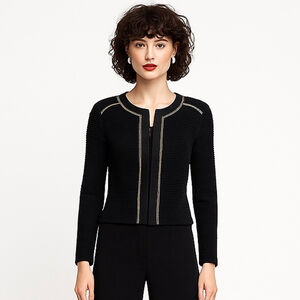 Maje Fine Knit Rhinestone Trim Cardigan Jacket Black Gold French Designer Small